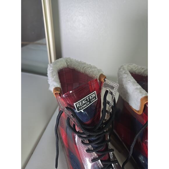 Red Plaid Baddie Combat Boots Rain Rubber Cozy Kenneth Cole Size 11 Christmas - Picture 4 of 10
